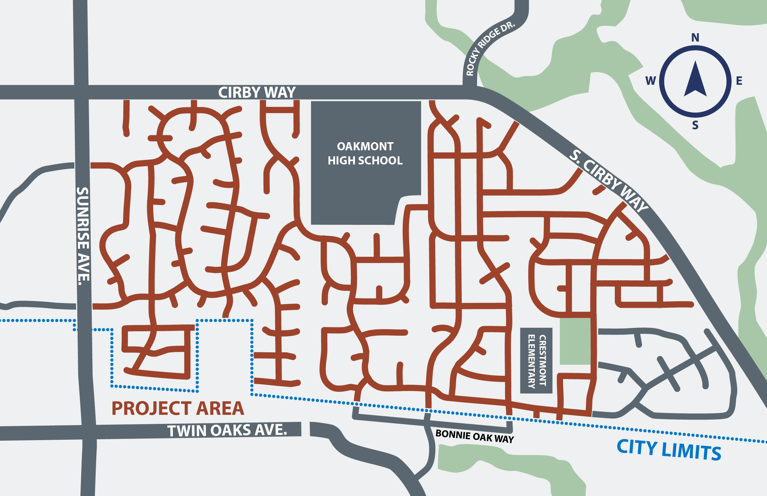 Map of planned roadway improvements in the Cirby Ranch and South Cirby neighborhoods in Roseville.